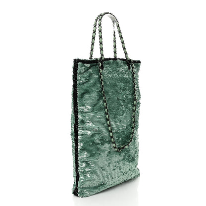 Chanel Sequin Logo Shopping Tote Green Black 4 of 11