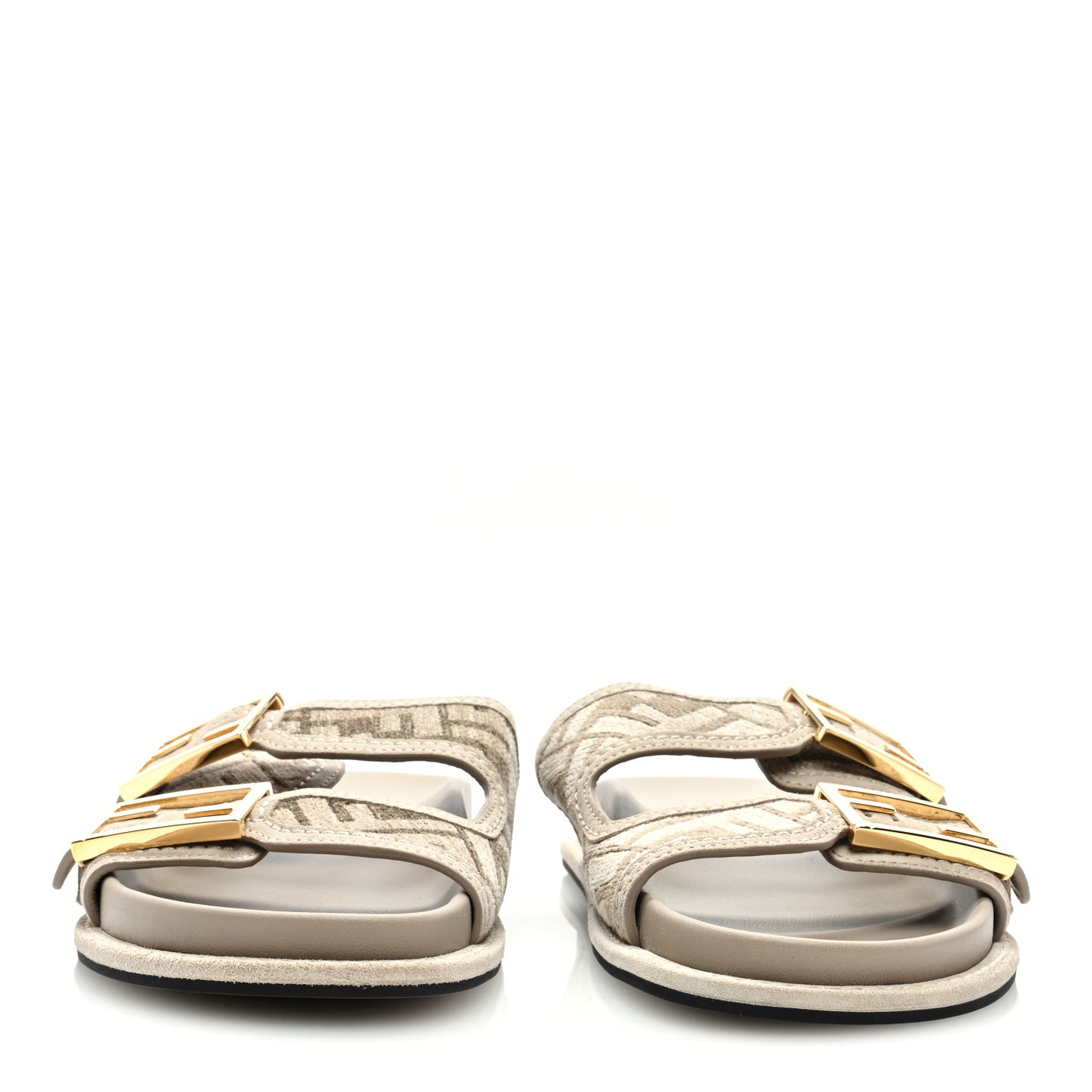 Chenille Fabric Jacquard Suede FF Womens Fendi Feel Buckled Slide Sandals 37 Tortora Nuvola Rock
