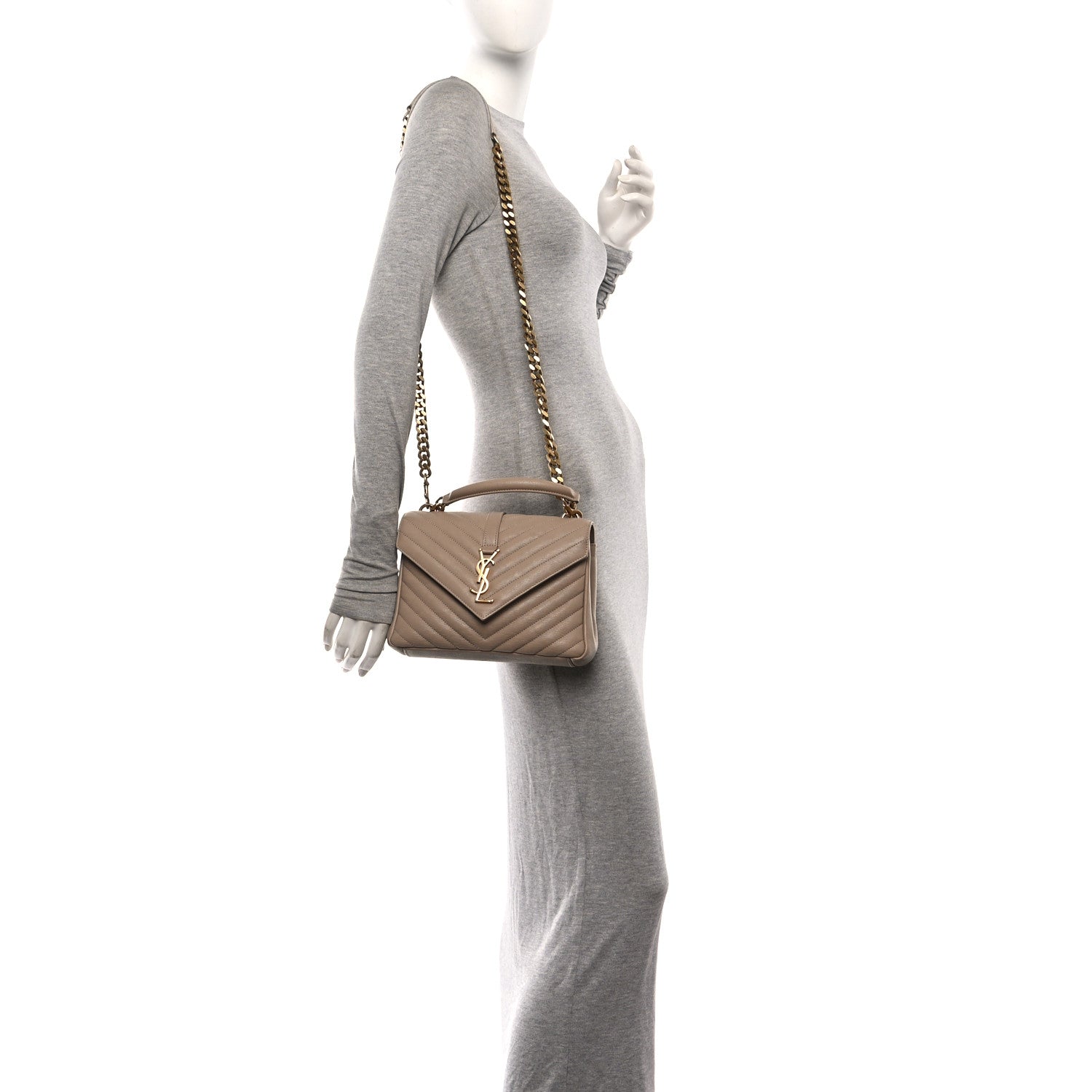 Saint Laurent Sheepskin Matelasse Chevron Monogram Medium College Bag Dark Beige 2 of 10