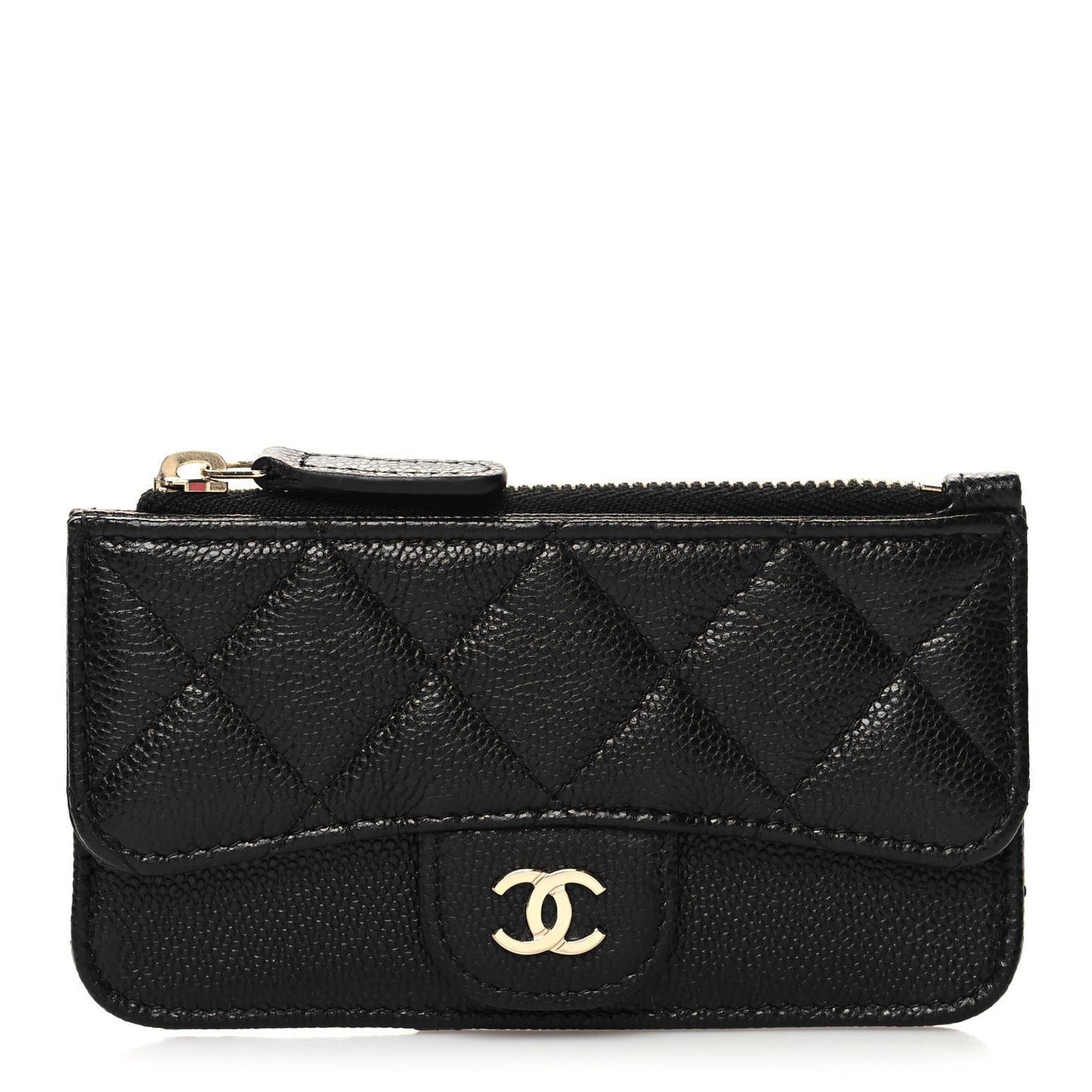 Caviar Quilted Flap Zip Card Holder Black
