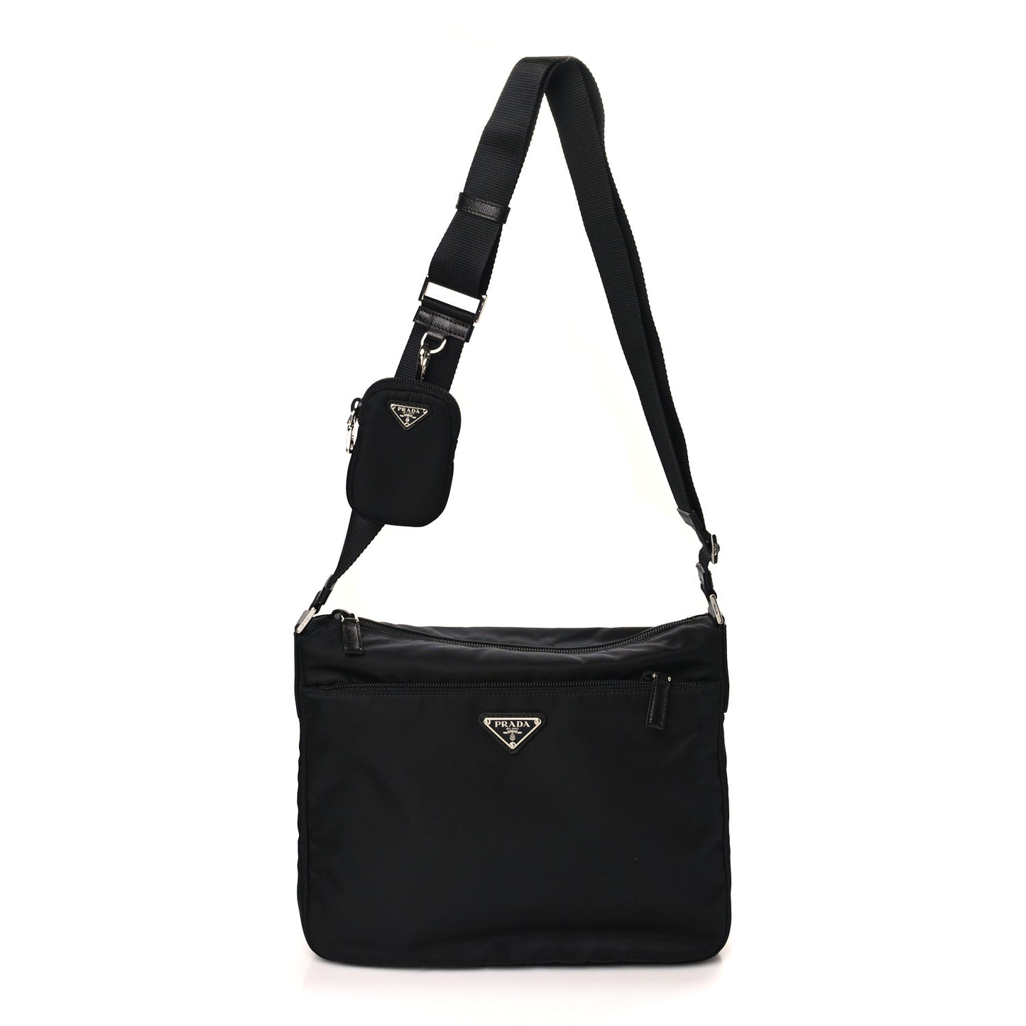 Re-Nylon Vela Saffiano Pocket Double Zip Messenger Bag Black