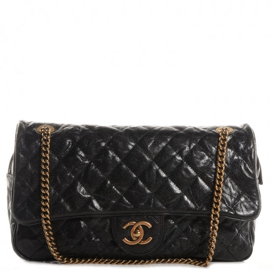 Crumpled Grained Calfskin Quilted Large Shiva Flap Black