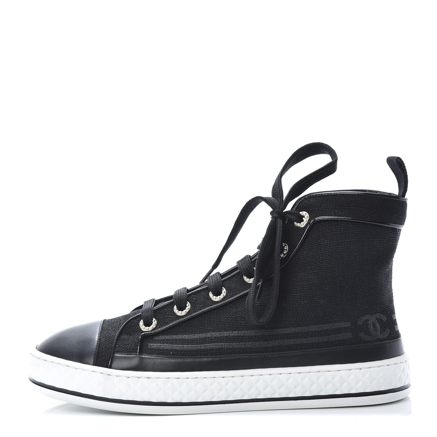Chanel Fabric Lambskin Lace Up Cap Toe Sneakers 38 Black 1 of 9