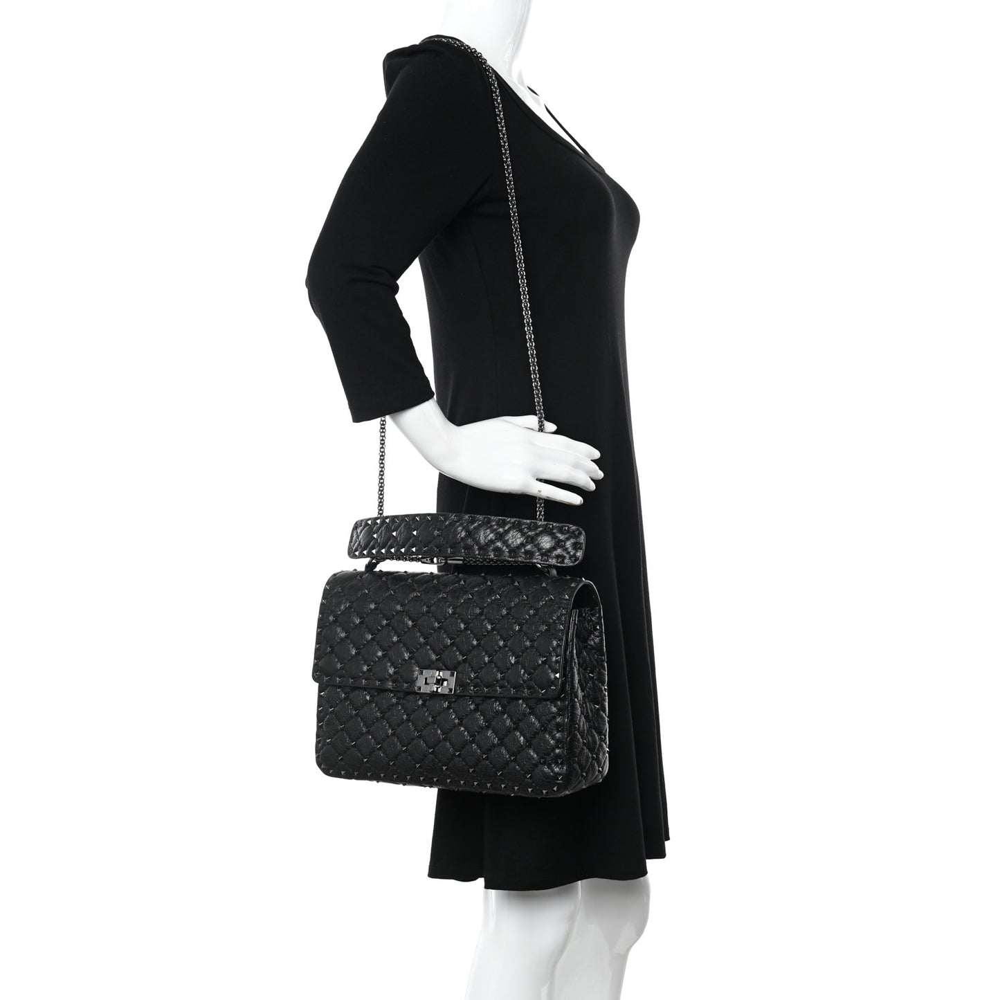 Craquele Nappa Large Rockstud Spike Shoulder Bag Black