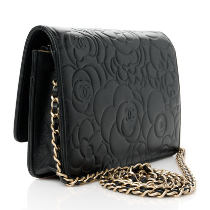Chanel Lambskin Camellia Embossed Wallet on Chain WOC Black 3 of 11