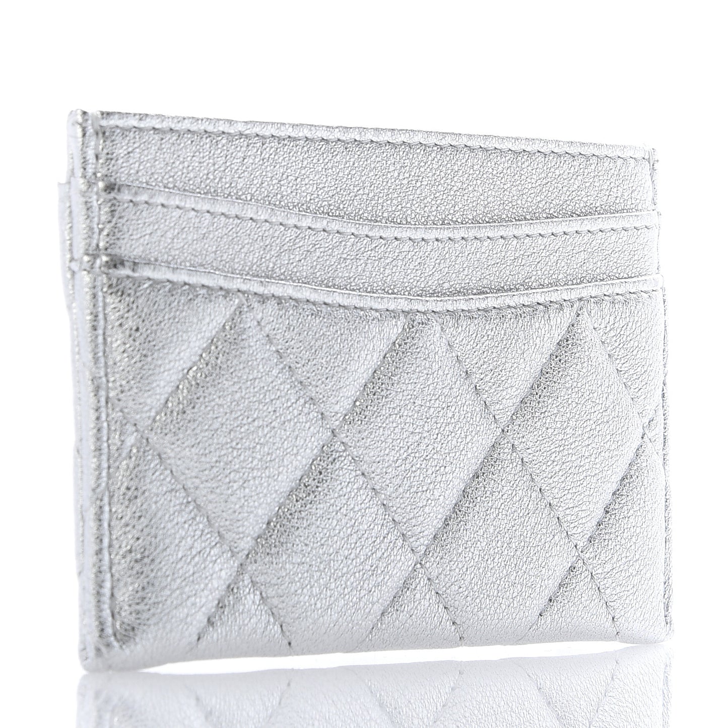 Metallic Lambskin Quilted Card Holder Silver