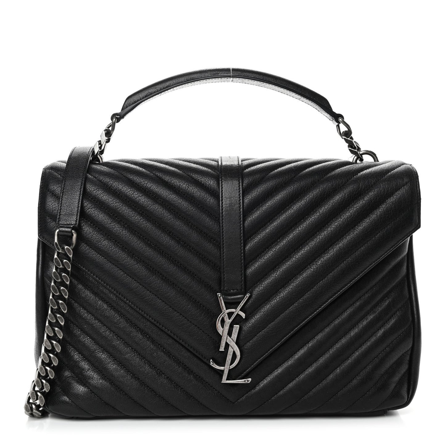 Sheepskin Matelasse Chevron Monogram Large College Satchel Black