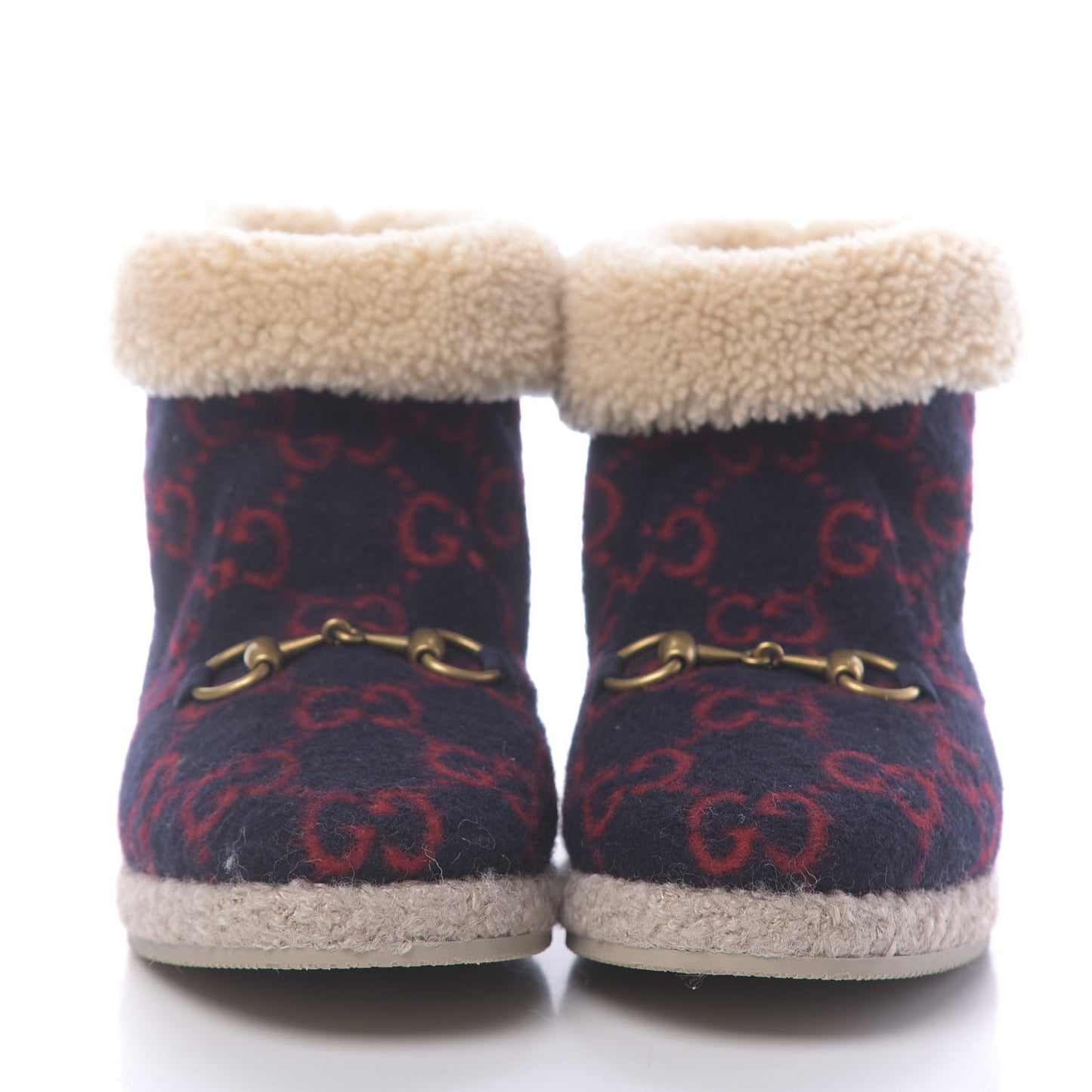 Covered Wool GG Monogram Womens Fria Horsebit Ankle Boots 37 Blue Red Butterscotch