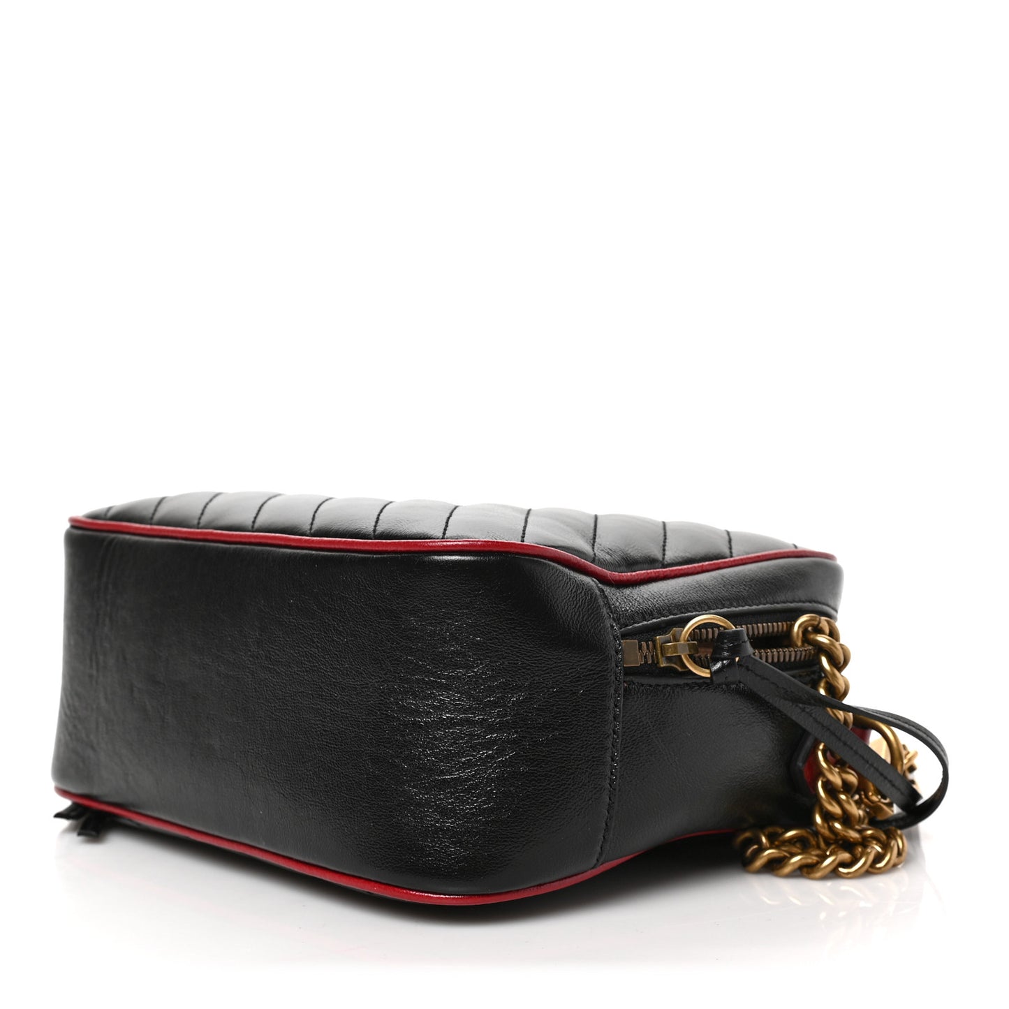 Vintage Effect Calfskin Matelasse Diagonal Small Torchon GG Marmont Bamboo Top Handle Shoulder Bag Black Romantic Cherry