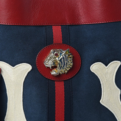 Gucci X MLB Suede Calfskin NY Yankees Large Rajah Chain Tote New Blue Romantic Cherry 9 of 12