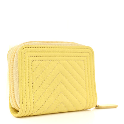 Chanel Caviar Chevron Quilted Boy Zip Around Coin Purse Wallet Yellow 3 of 7