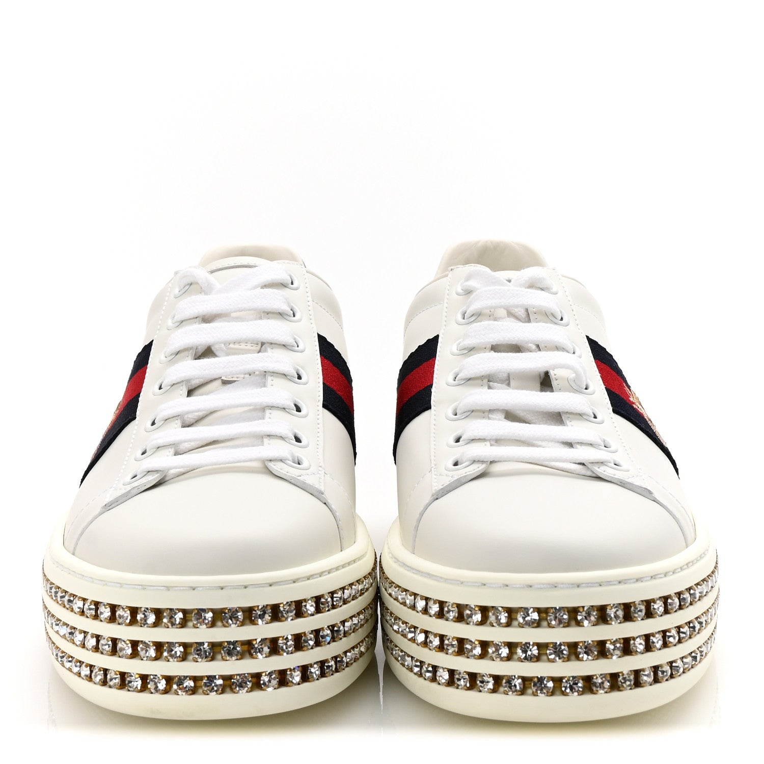 Gucci Calfskin Crystal Web Bee Embroidered Womens Ace Platform Sneakers 37.5 White 3 of 9