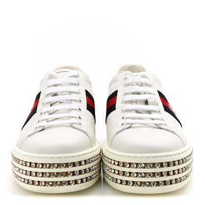 Gucci Calfskin Crystal Web Bee Embroidered Womens Ace Platform Sneakers 37.5 White 3 of 9