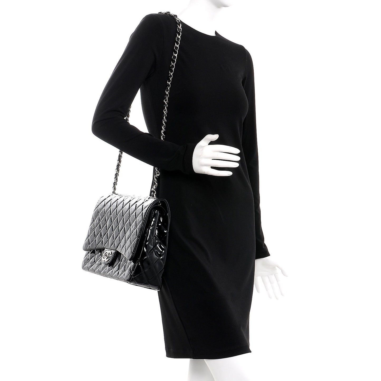 Patent Quilted Maxi Double Flap Black
