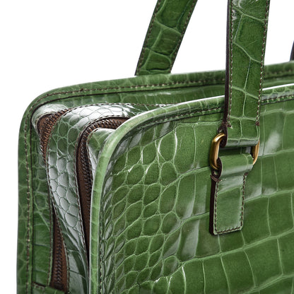 Prada Shiny Calfskin Crocodile Embossed Double Zip Bauletto Larice 8 of 15
