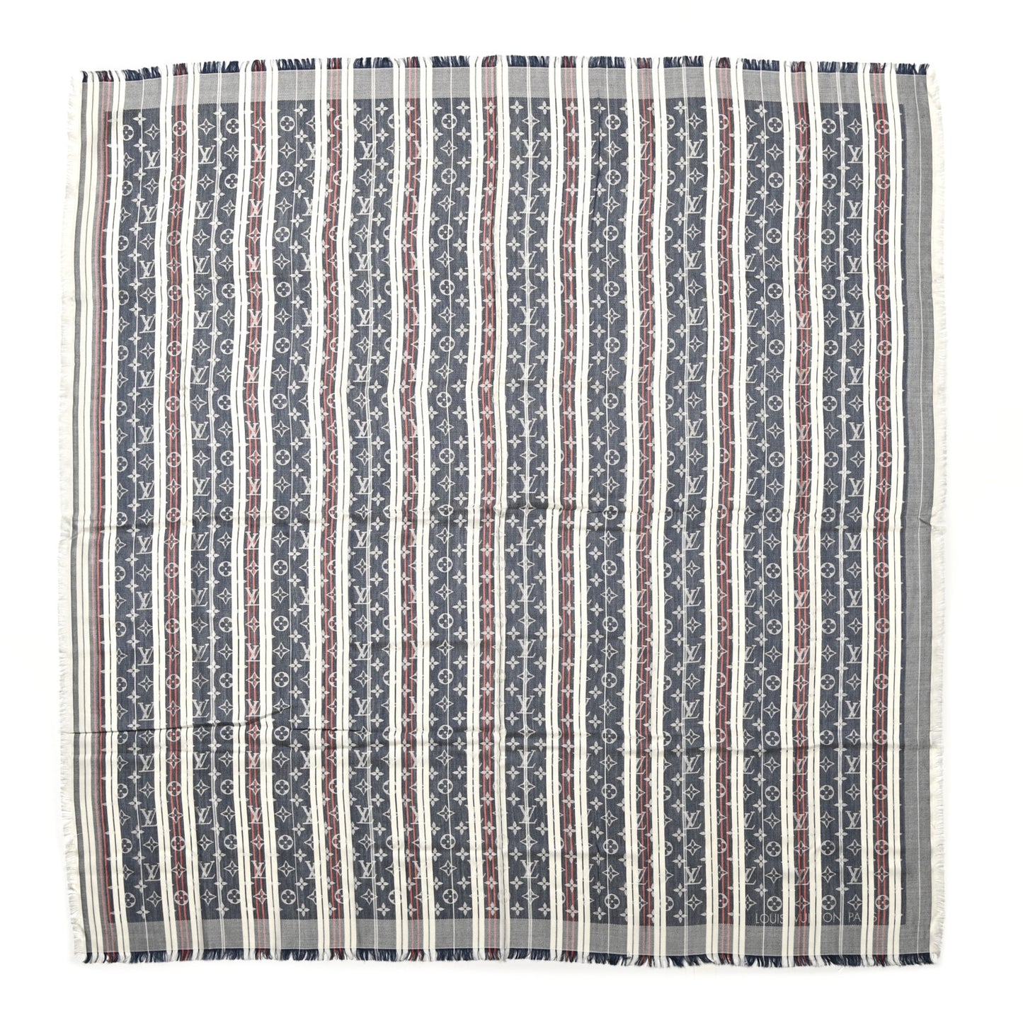 Silk Wool Monogram Mattress Stripes Shawl Blue Jean