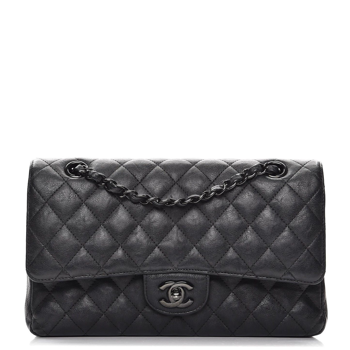 Crumpled Calfskin Quilted Medium Double Flap So Black