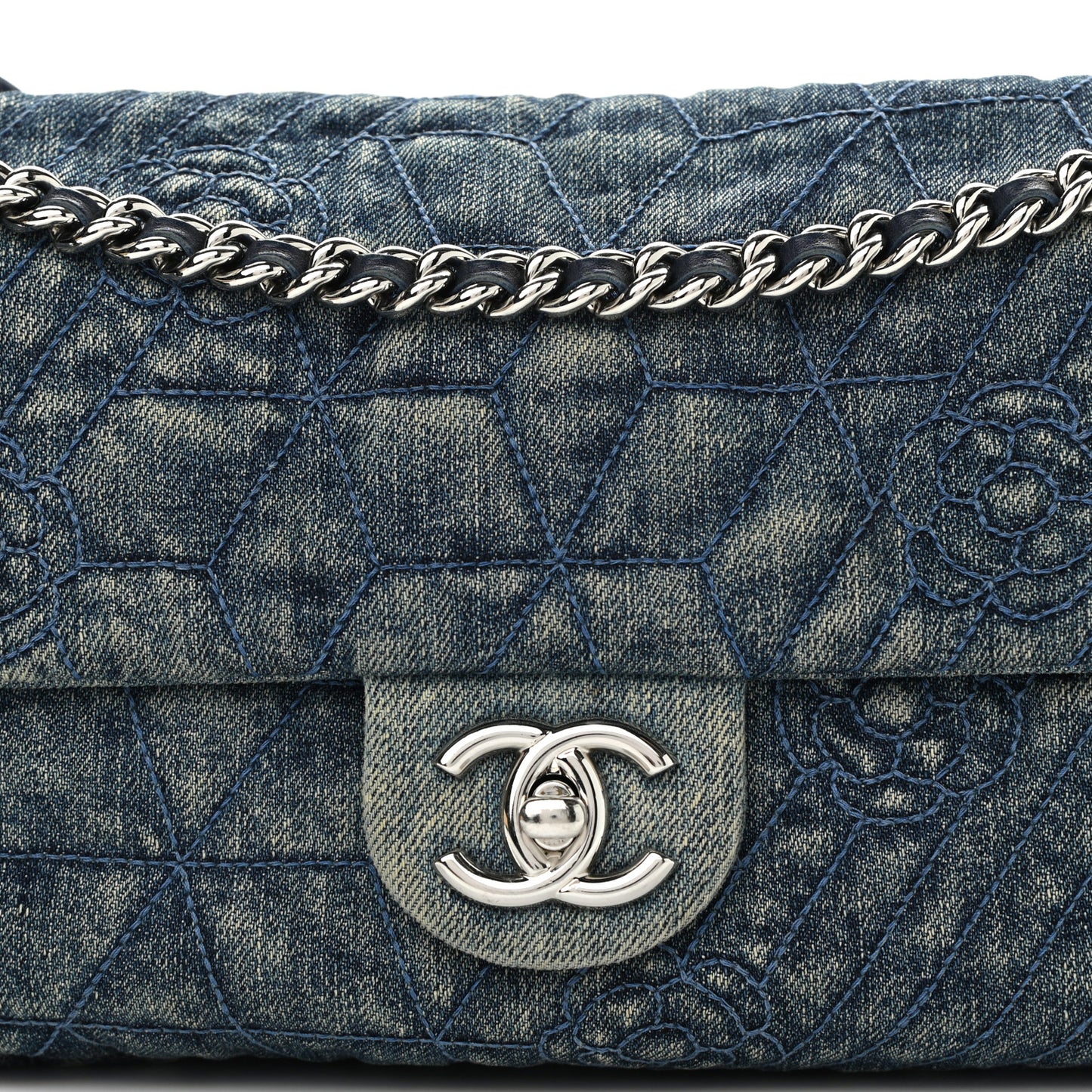 Denim Quilted Camellia Embroidered Medium Flap Blue