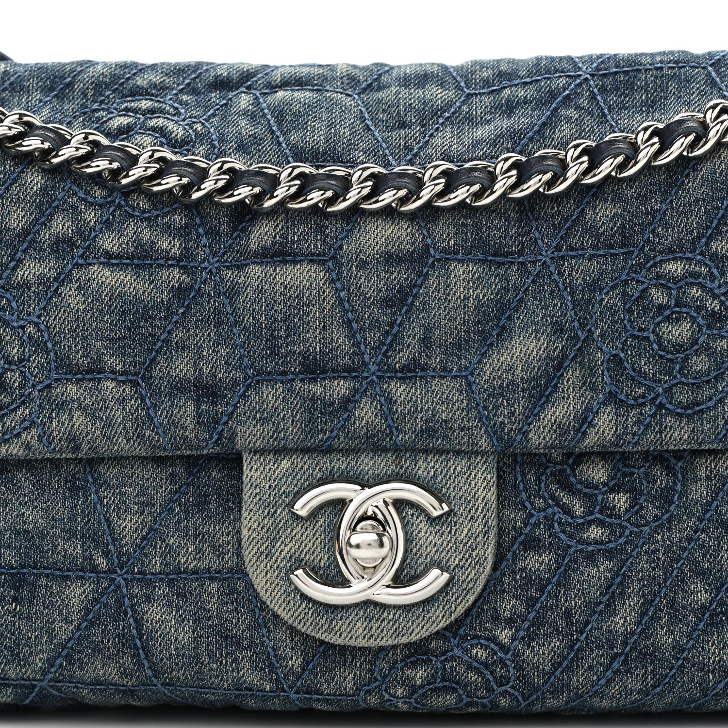 Chanel Denim Quilted Camellia Embroidered Medium Flap Blue 7 of 9