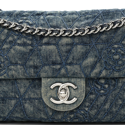 Chanel Denim Quilted Camellia Embroidered Medium Flap Blue 7 of 9