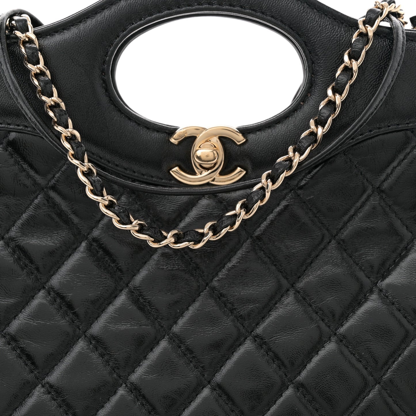 Shiny Crumpled Calfskin Quilted Mini 31 Shopping Bag Black