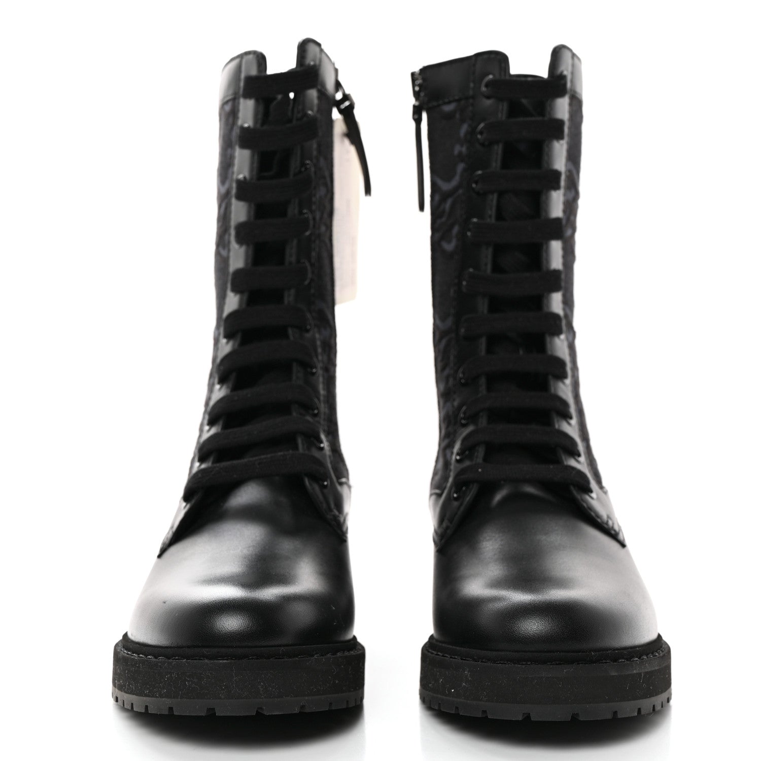 Fendi Vitello Fabric Jacquard Karligraphy Embroidered Womens Combat Boots 37 Black 2 of 9