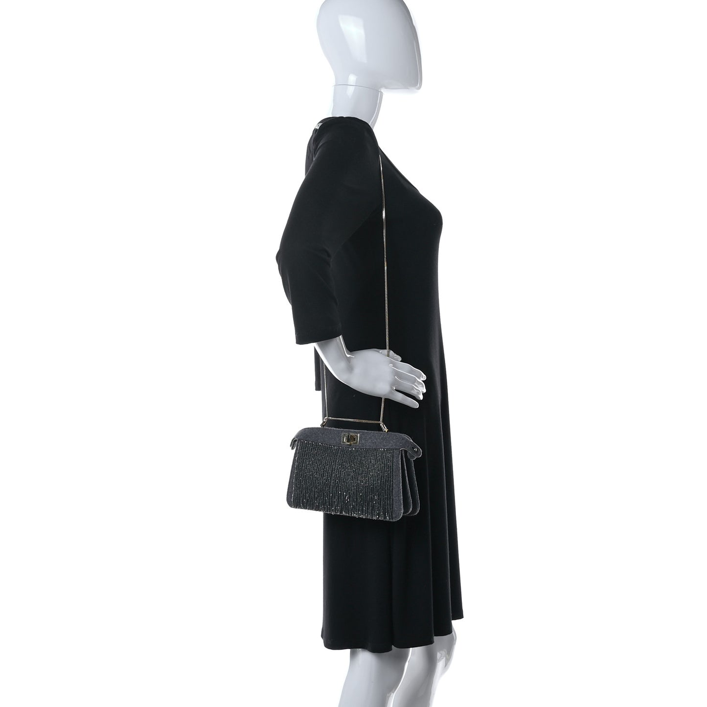 Flannel Bead Embroidered Small Peekaboo I SEE U East West Chain Satchel Grigio Bois de Rose