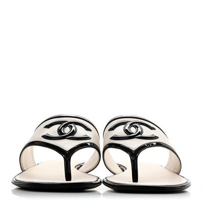 Chanel Lambskin Patent Calfskin CC Thong Sandals 38.5 White Black 3 of 10
