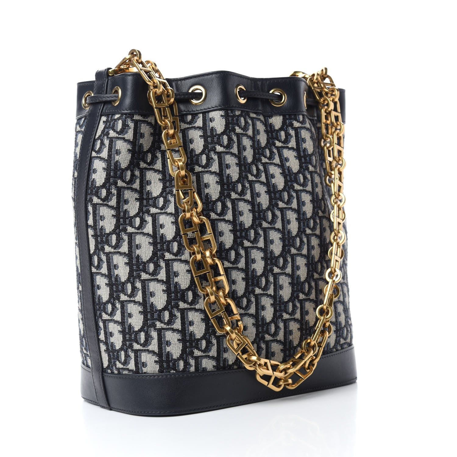 Christian Dior Oblique Drawstring Chain Large Bucket Bag Blue 3 of 10