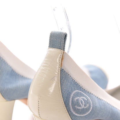 Chanel Denim Patent CC Elastic Stretch Pumps 37.5 Blue White 14 of 16