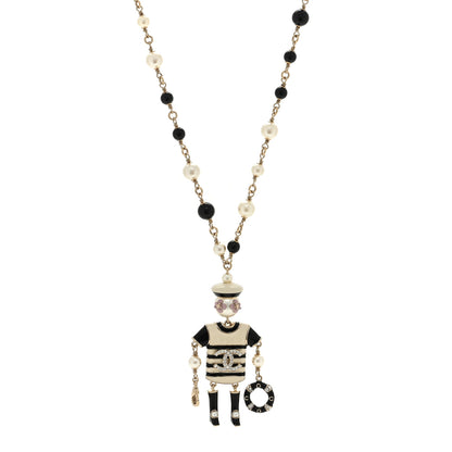 Chanel Enamel Crystal Pearl Hambourg Sailor Doll Long Necklace Black White 1 of 5