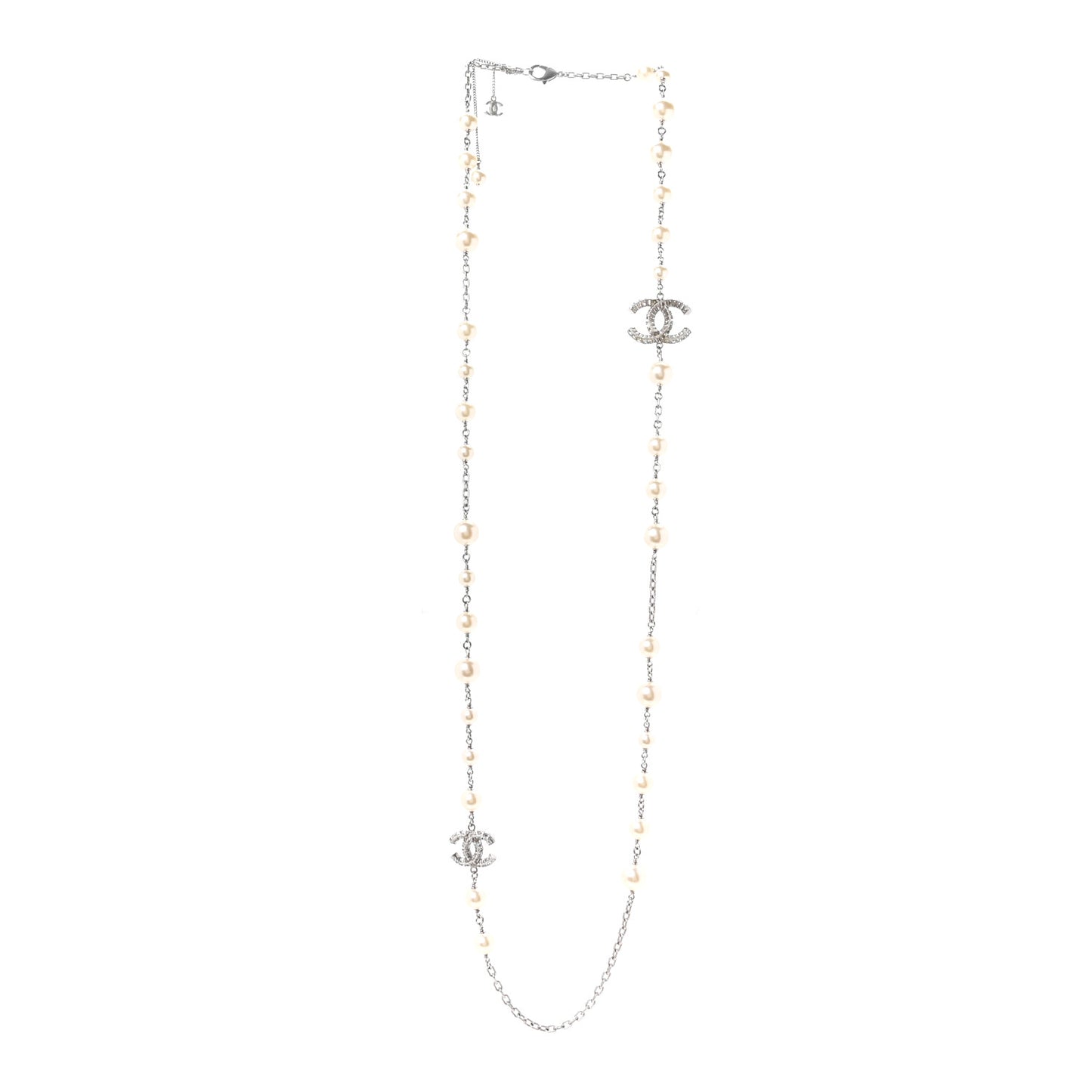 Graduated Pearl Crystal CC Long Necklace Silver