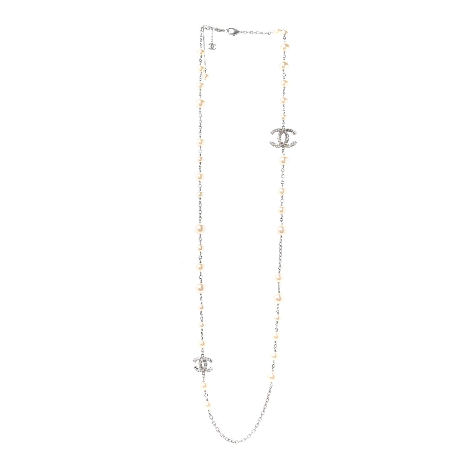 Chanel Graduated Pearl Crystal CC Long Necklace Silver 3 of 5