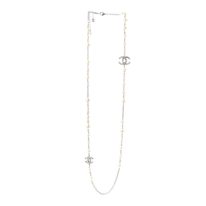 Chanel Graduated Pearl Crystal CC Long Necklace Silver 3 of 5