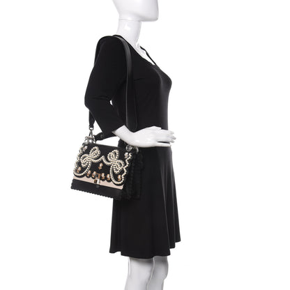Fendi Vitello Liberty Pearl Bi-Color Flowers and Bows Scalloped Studded Kan I Shoulder Bag Black Camelia 2 of 10