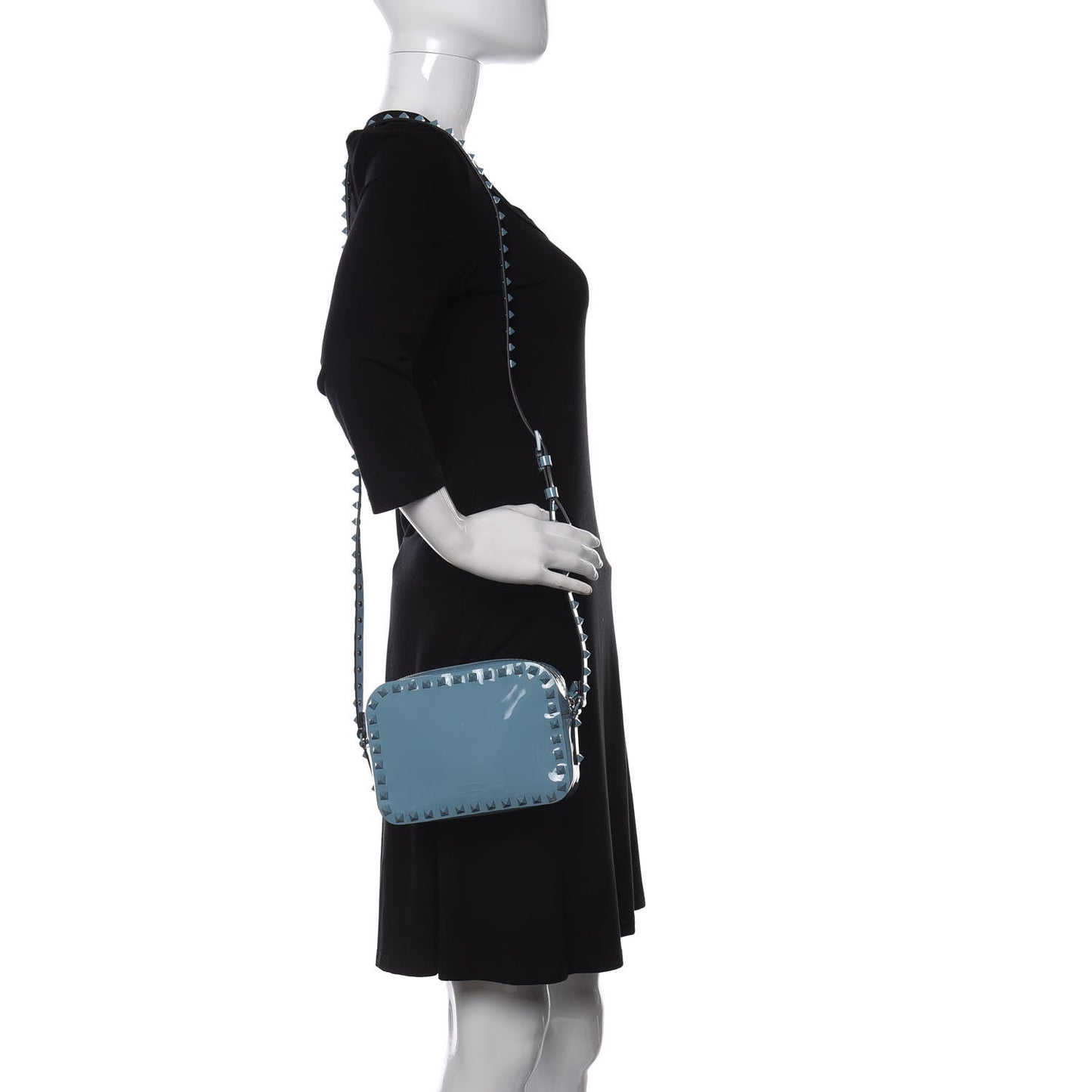 Patent Monochrome Rockstud Camera Crossbody Bag Atlantique