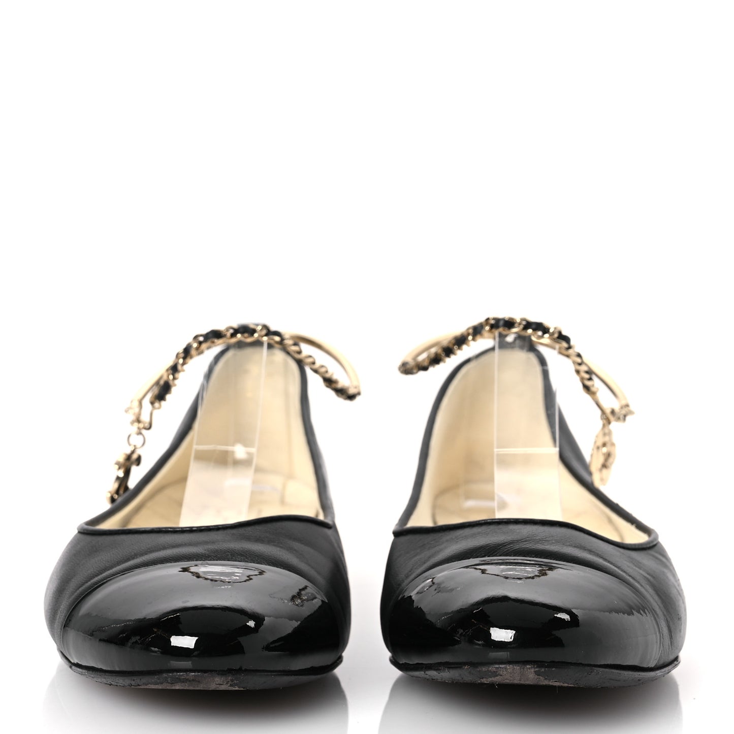 Lambskin Patent Calfskin Cap Toe Ankle Chain Ballerina Flats 37.5 Black