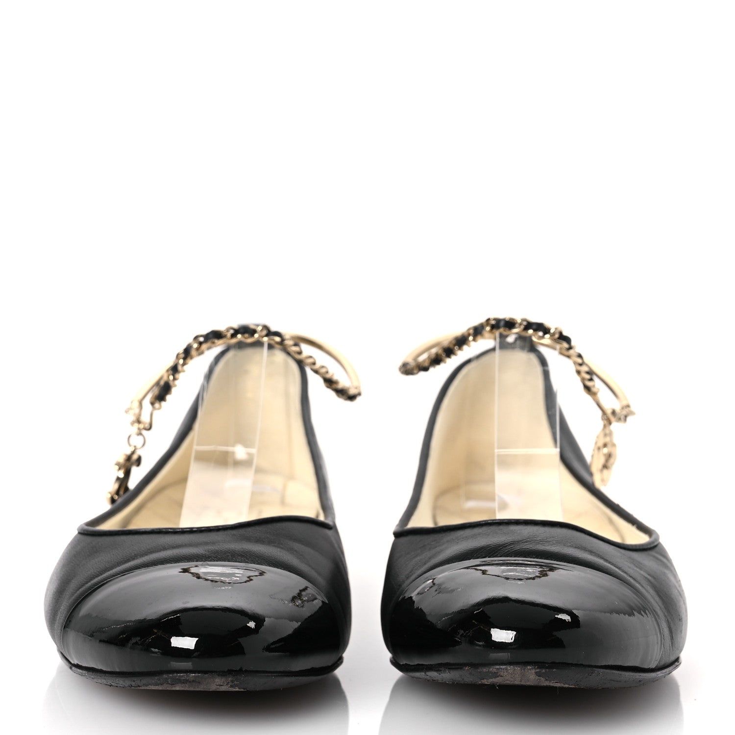 Chanel Lambskin Patent Calfskin Cap Toe Ankle Chain Ballerina Flats 37.5 Black 3 of 17
