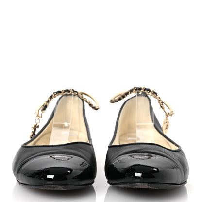 Chanel Lambskin Patent Calfskin Cap Toe Ankle Chain Ballerina Flats 37.5 Black 3 of 17