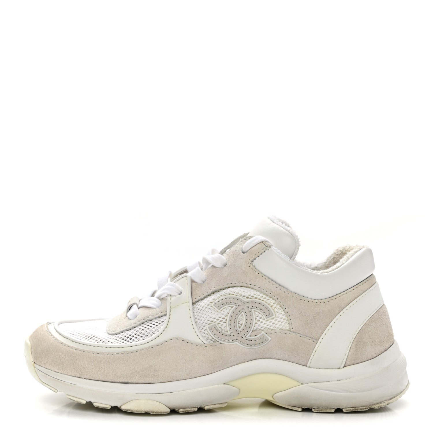 Chanel Suede Calfskin Fabric CC Sneakers 37 White Grey 1 of 8