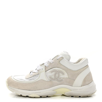 Chanel Suede Calfskin Fabric CC Sneakers 37 White Grey 1 of 8