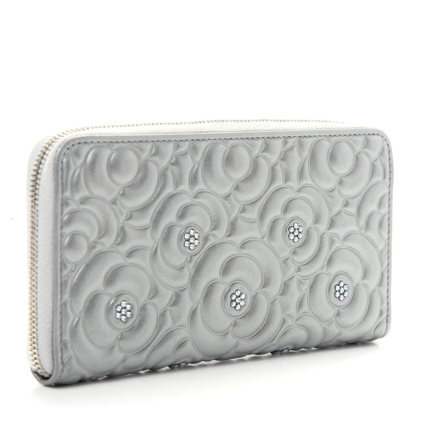 Metallic Lambskin Camellia Crystal Large Gusset Zip Around Wallet Silver