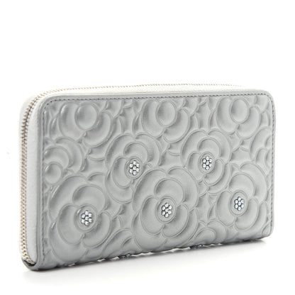Chanel Metallic Lambskin Camellia Crystal Large Gusset Zip Around Wallet Silver 3 of 9