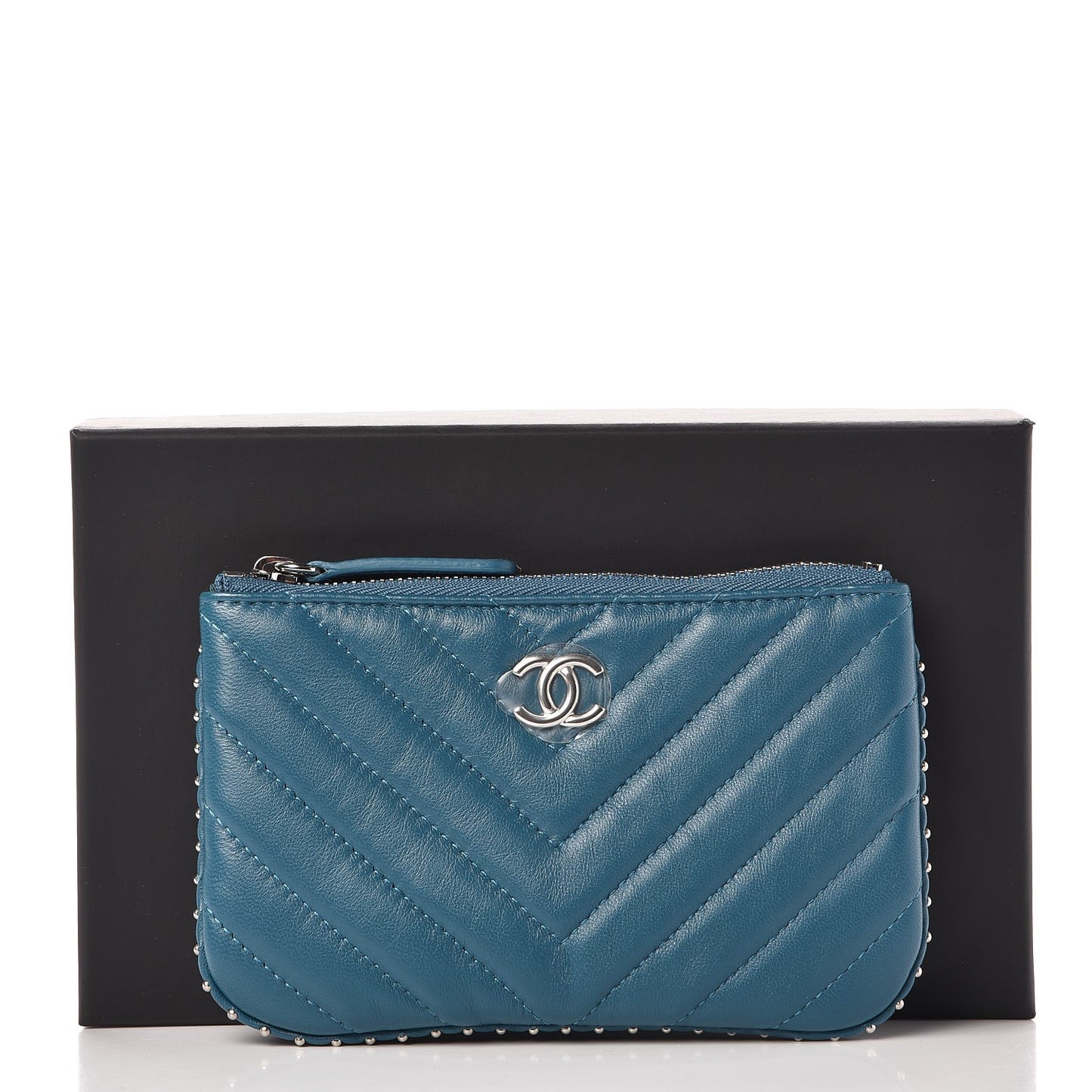 Lambskin Chevron Quilted Studded Small Cosmetic Case Blue