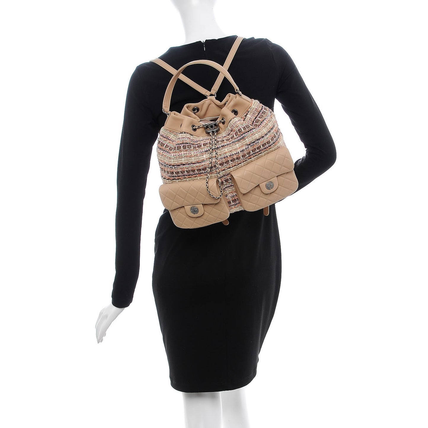 Woven Canvas Lambskin Quilted Tweed Backpack Pocket Beige