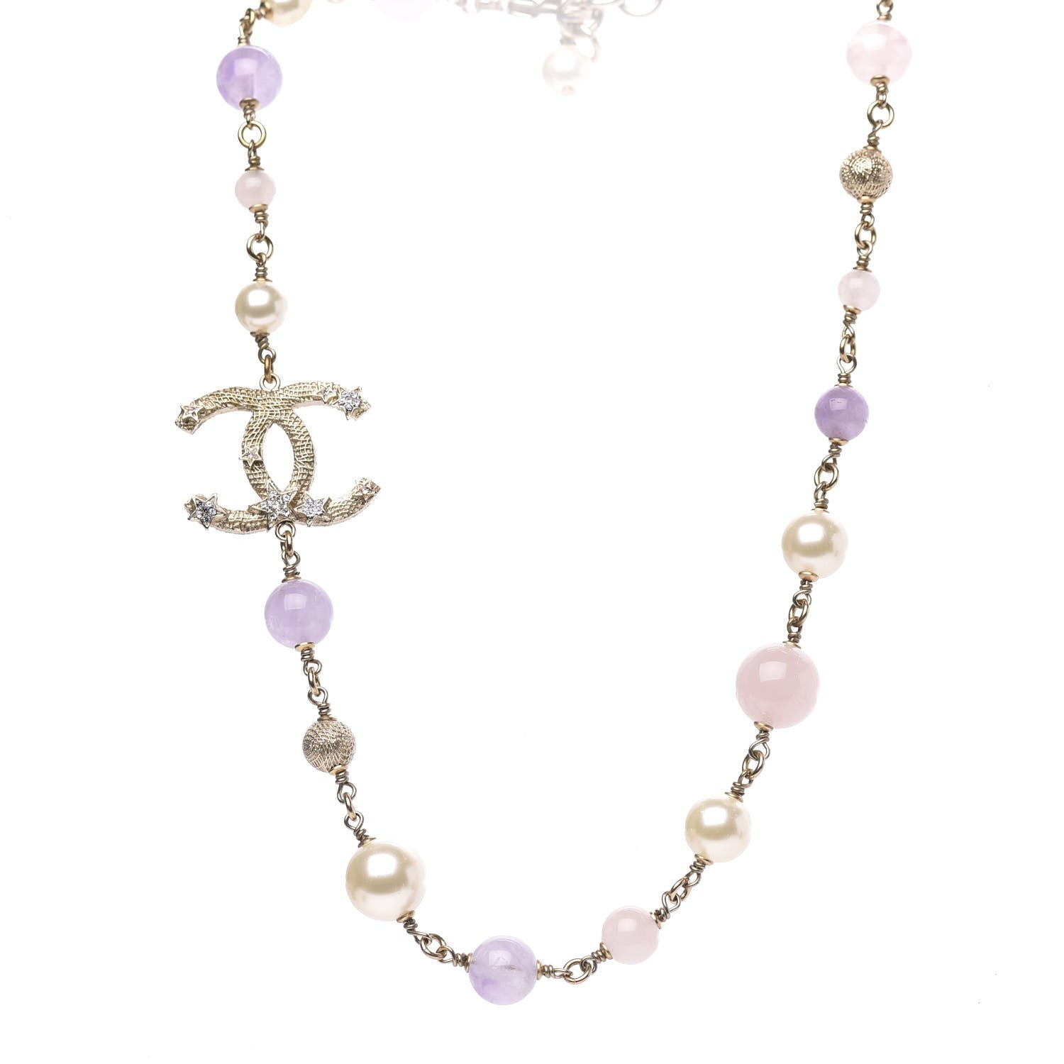 Chanel Crystal Pearl Beaded Star CC Short Necklace Silver Purple 1 of 5