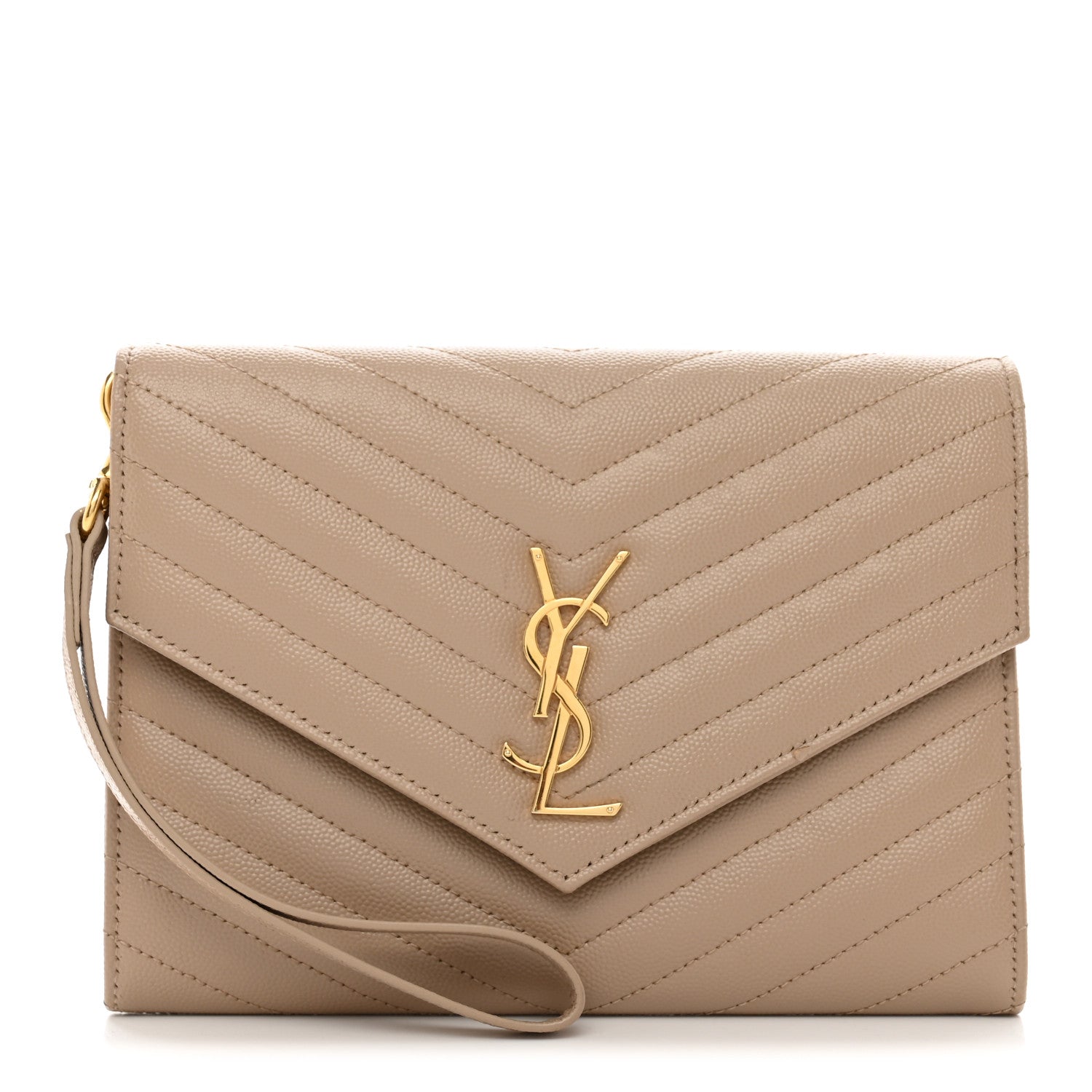 Saint Laurent Grain De Poudre Matelasse Chevron Monogram Envelope Clutch Dark Beige 1 of 10