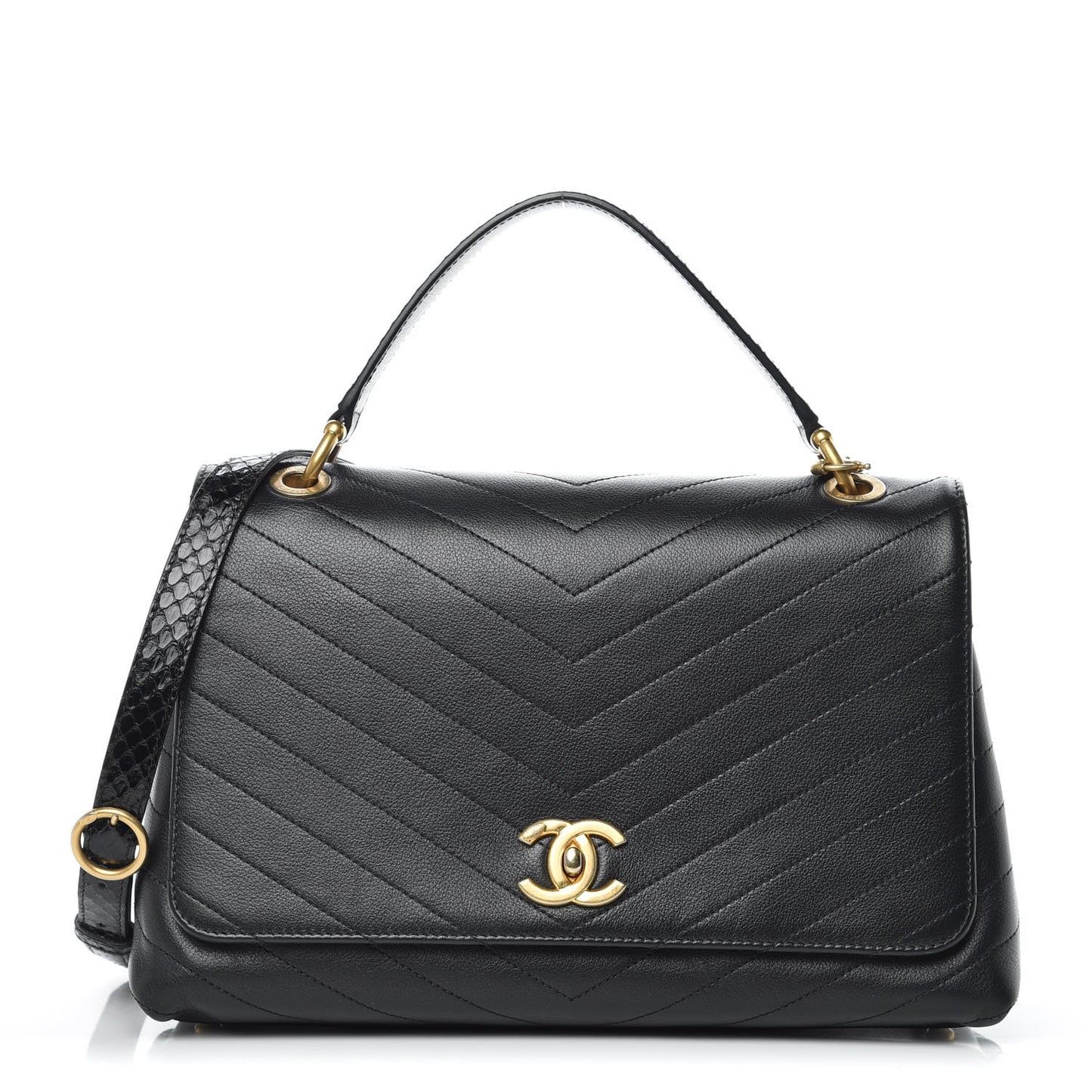 Grained Calfskin Elaphe Stitched Medium Chevron Chic Top Handle Flap Black