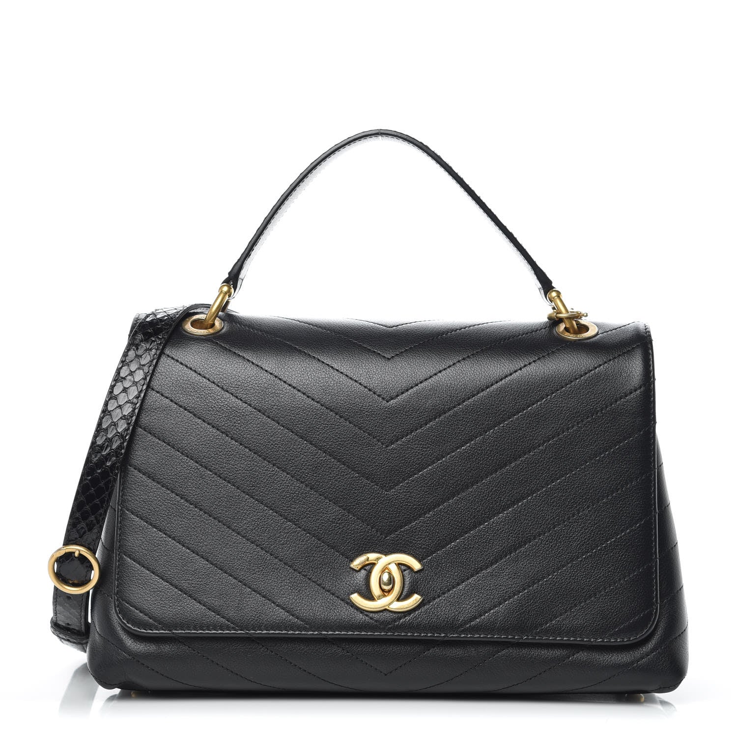 Chanel Grained Calfskin Elaphe Stitched Medium Chevron Chic Top Handle Flap Black 1 of 13