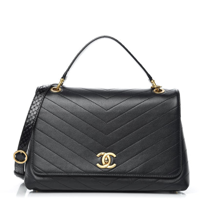 Chanel Grained Calfskin Elaphe Stitched Medium Chevron Chic Top Handle Flap Black 1 of 13